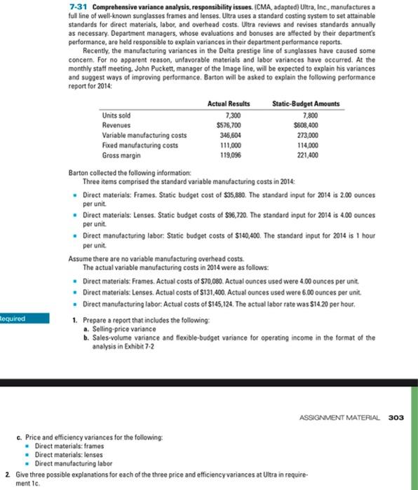 Required 7-31 Comprehensive variance analysis, responsibility issues. (CMA, adapted) Ultra, Inc., manufactures