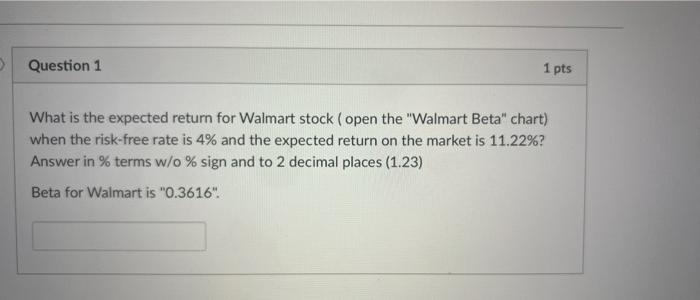 Question 1 1 pts What is the expected return for Walmart stock