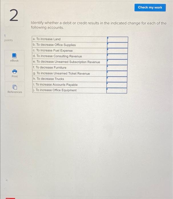 1 Check my work 2 Identify whether a debit or credit results