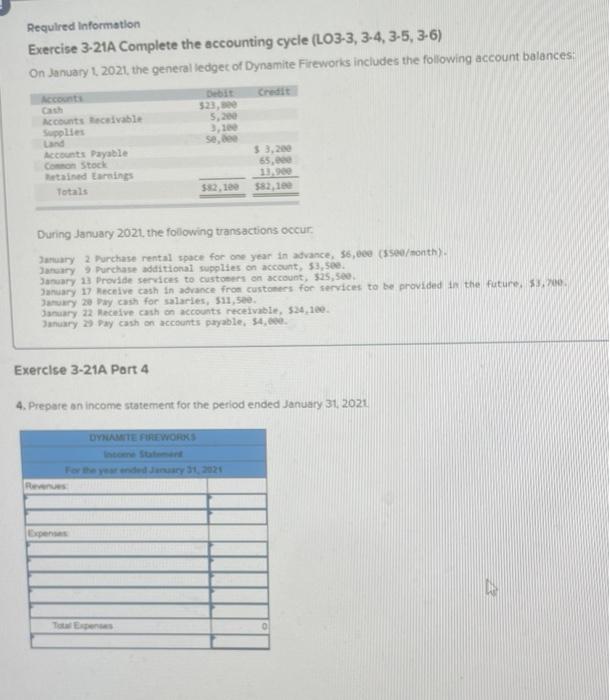 Required Information Exercise 3-21A Complete the accounting cycle (LO3-3, 3-4, 3-5, 3-6)