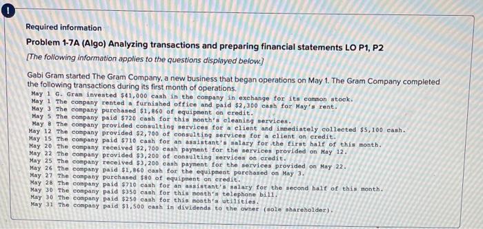 Required information Problem 1-7A (Algo) Analyzing transactions and preparing financial statements LO