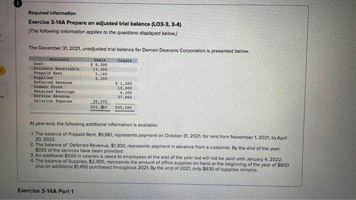 Required Information Exercise 3-14A Prepare an adjusted trial balance (LO3-3, 3-4) [The