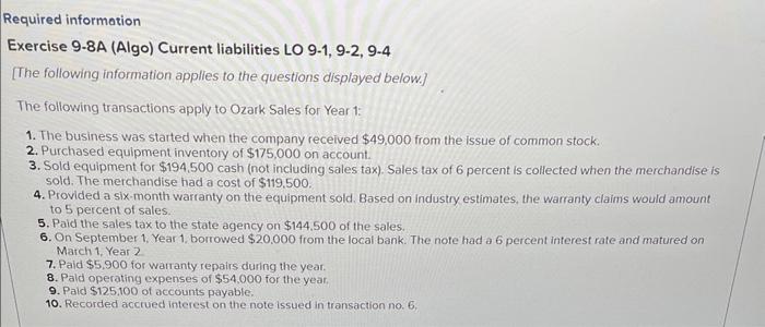 Required information Exercise 9-8A (Algo) Current liabilities LO 9-1, 9-2, 9-4 [The