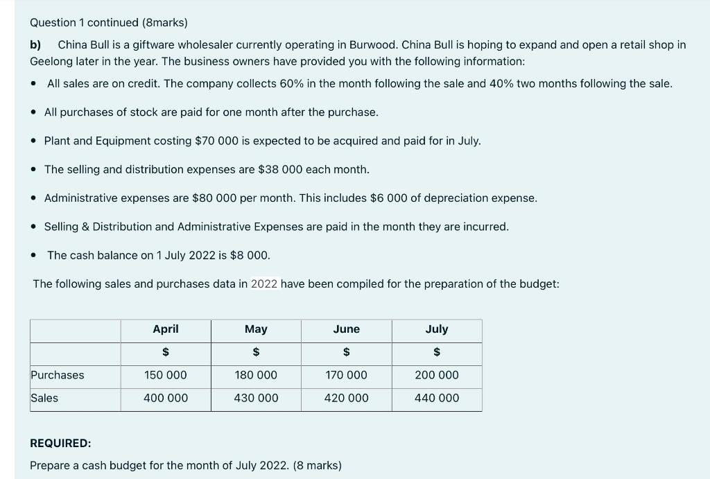 Question 1 continued (8marks) b) China Bull is a giftware wholesaler currently