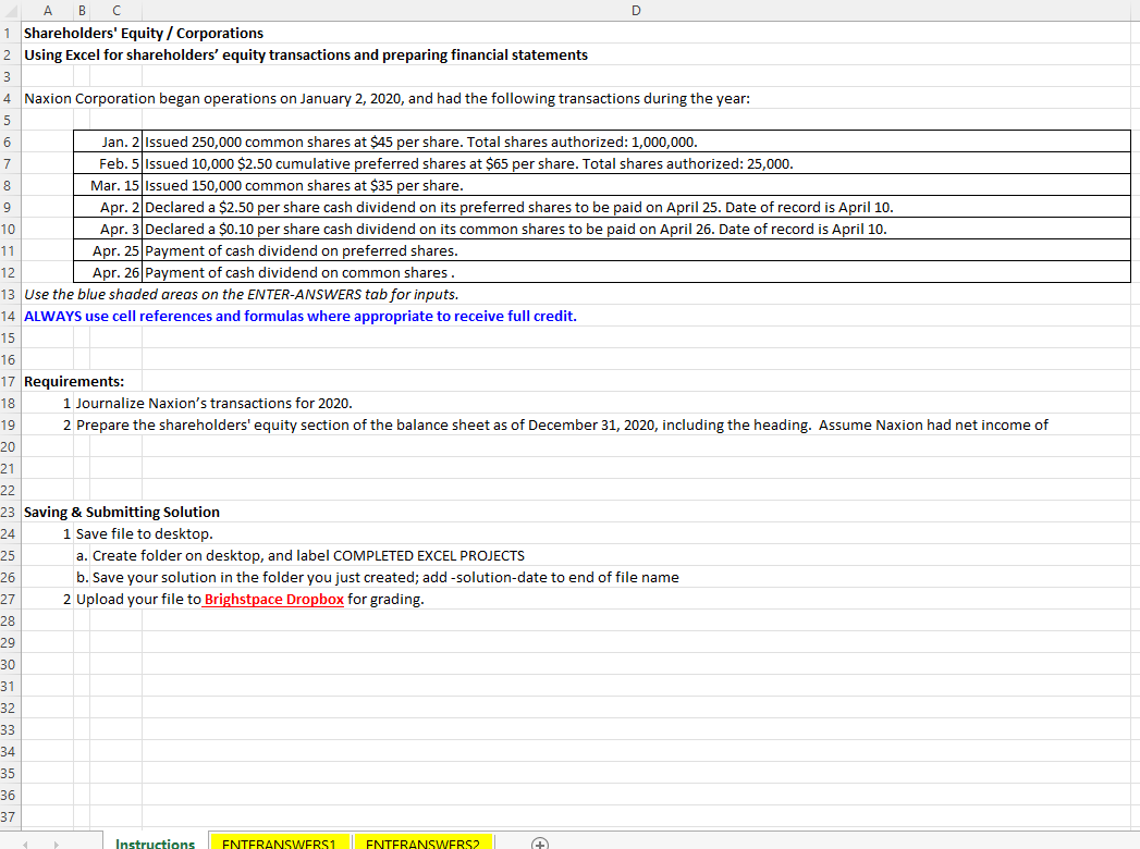 A B C 1 Shareholders' Equity / Corporations 2 Using Excel for