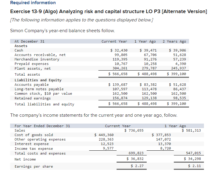 Required information Exercise 13-9 (Algo) Analyzing risk and capital structure LO P3