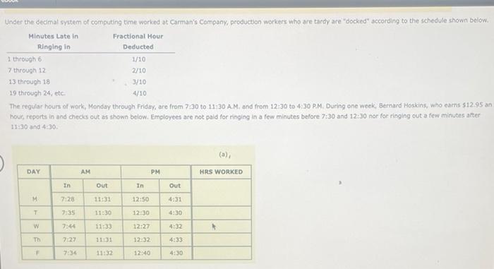 Under the decimal system of computing time worked at Carman's Company, production
