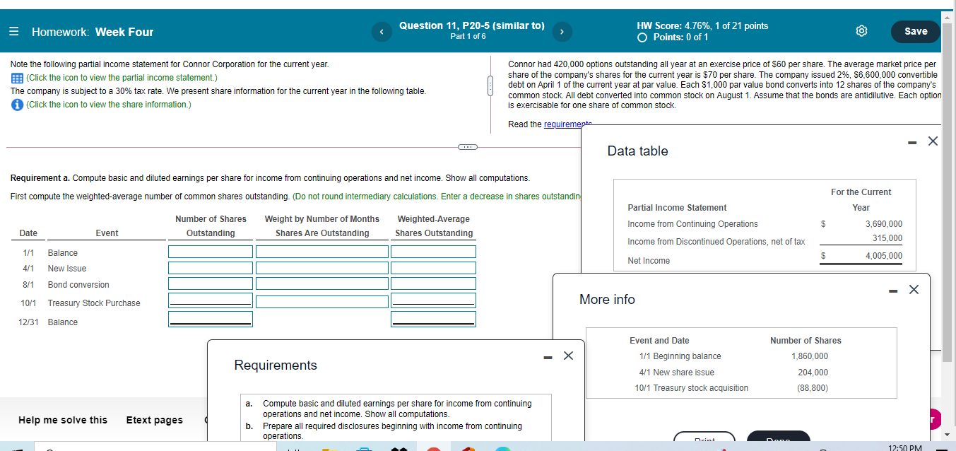 Homework: Week Four Note the following partial income statement for Connor Corporation