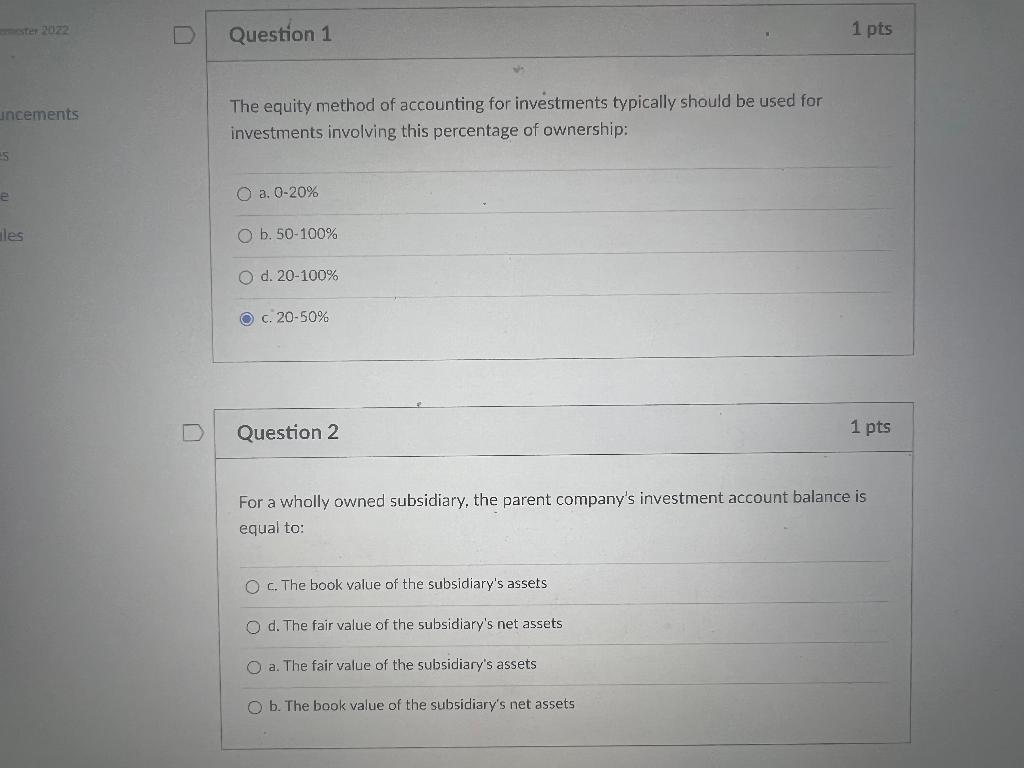 mester 2022 Question 1 uncements e les The equity method of accounting