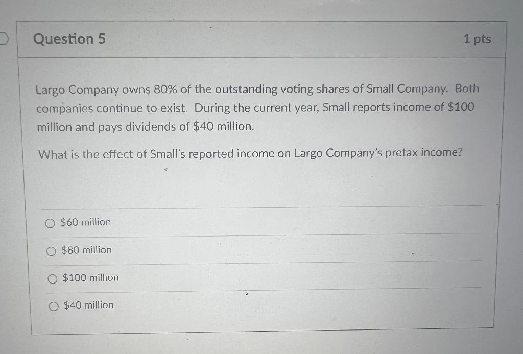 Question 2 1 pts For a wholly owned subsidiary, the parent company's