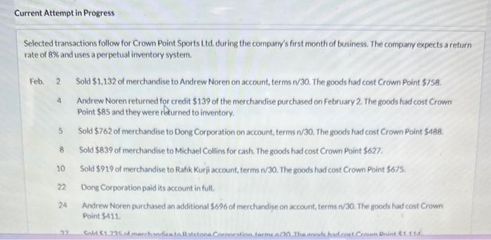 Current Attempt in Progress Selected transactions follow for Crown Point Sports Ltd.