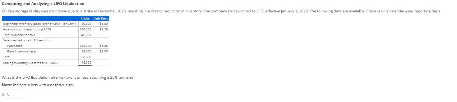 Computing and Analyzing a LIFO Liquidation Chide's storage facility was shut down
