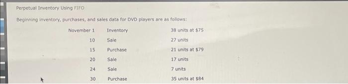 Perpetual Inventory Using FIFO Beginning inventory, purchases, and sales data for DVD