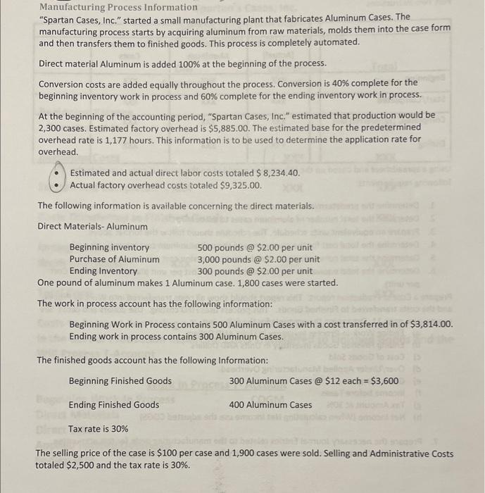 Manufacturing Process Information "Spartan Cases, Inc." started a small manufacturing plant that