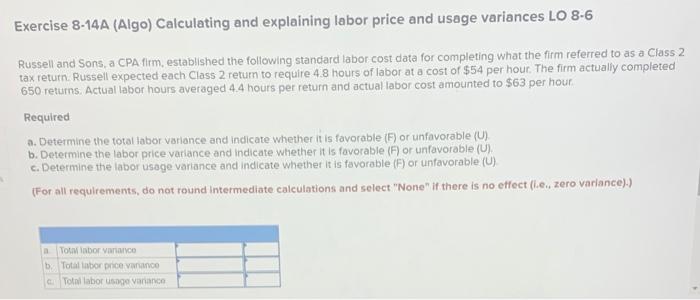 Exercise 8-14A (Algo) Calculating and explaining labor price and usage variances LO