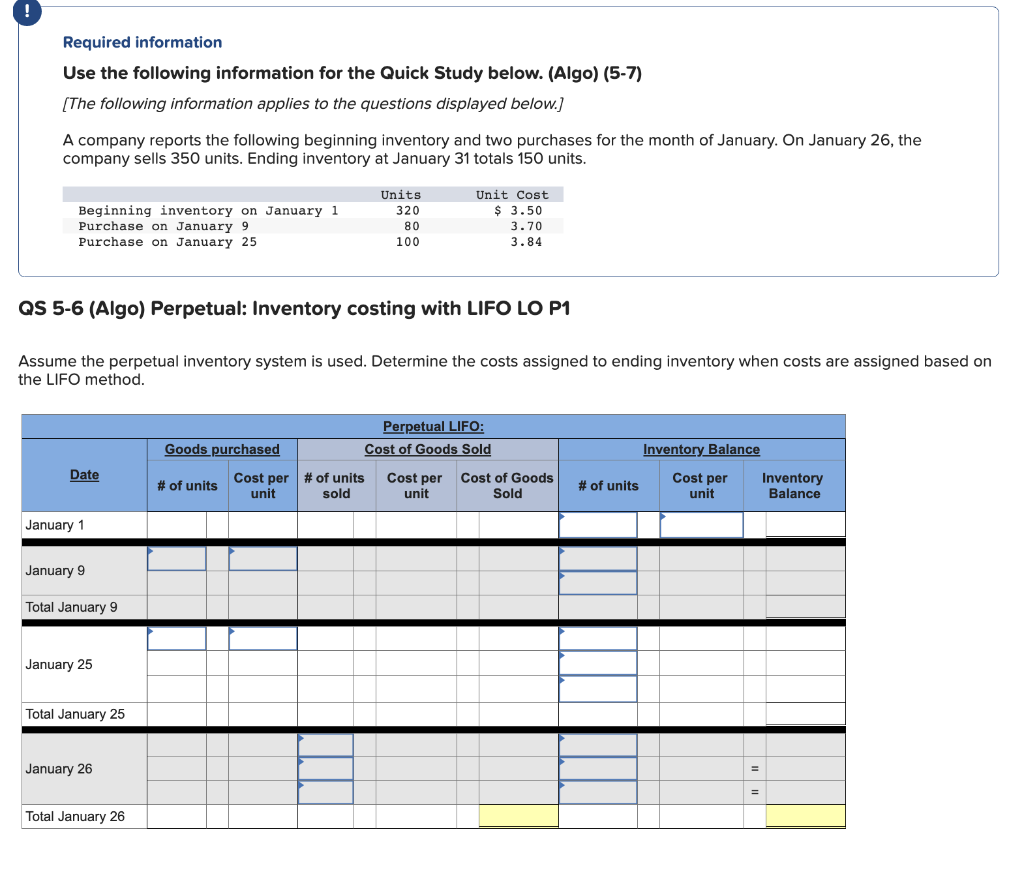 ! Required information Use the following information for the Quick Study below.