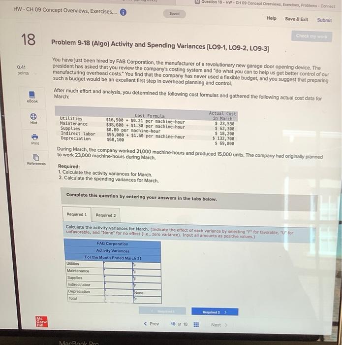 Question 18-HW-CH 09 Concept Overviews, Exercises, Problems - Connect HW-CH 09 Concept