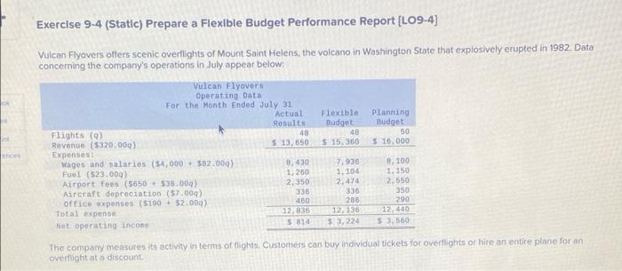 Exercise 9-4 (Static) Prepare a Flexible Budget Performance Report [LO9-4] Vulcan Flyovers