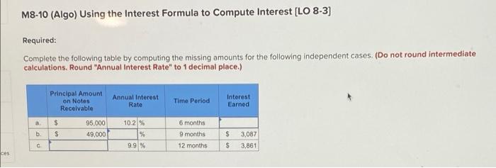 M8-10 (Algo) Using the Interest Formula to Compute Interest [LO 8-3] Required: