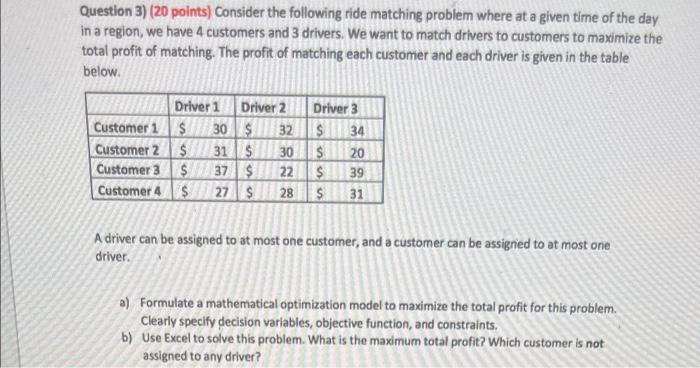 Question 3) (20 points) Consider the following ride matching problem where at