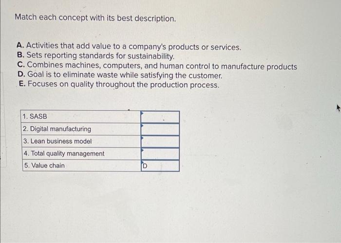 Match each concept with its best description. A. Activities that add value