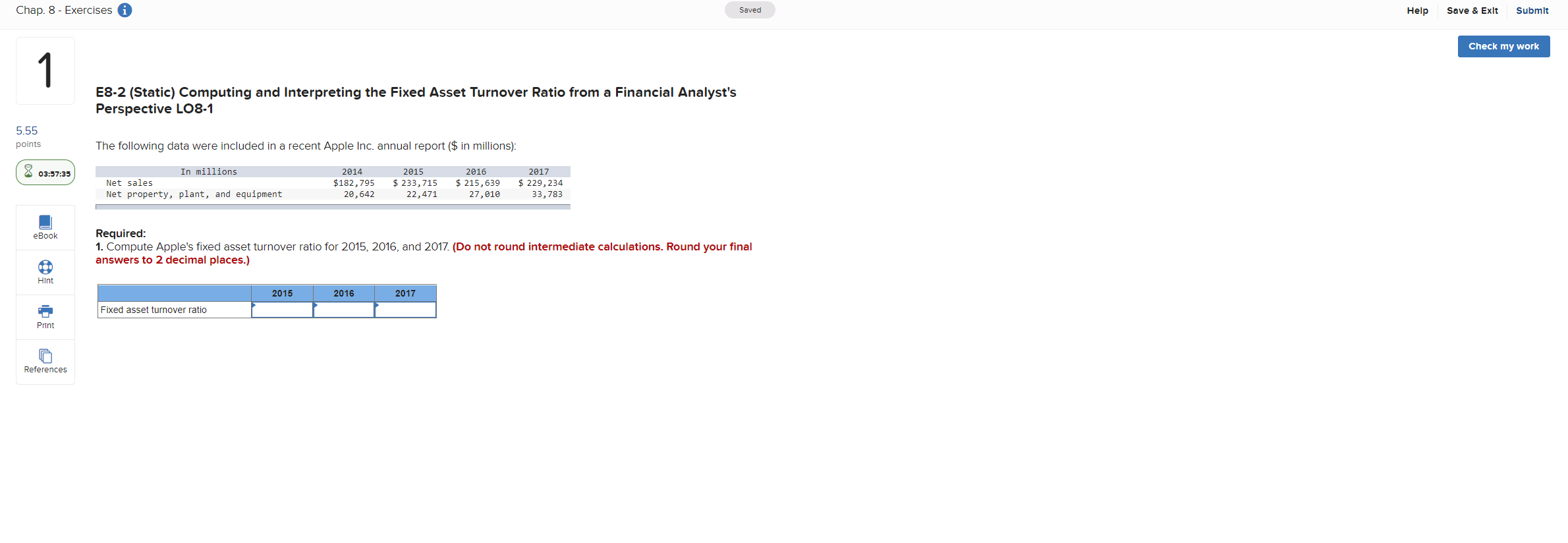 Chap. 8- Exercises Help Save & Exit Submit Saved 1 E8-2 (Static)