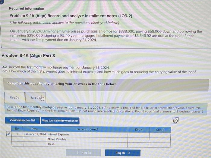 Required information Problem 9-1A (Algo) Record and analyze installment notes (LO9-2) [The