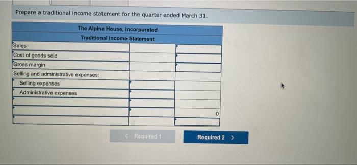 Traditional and Contribution Format Income Statements [LO1-6] The Alpine House, Incorporated, is