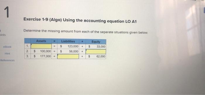 1 Exercise 1-9 (Algo) Using the accounting equation LO A1 Determine the