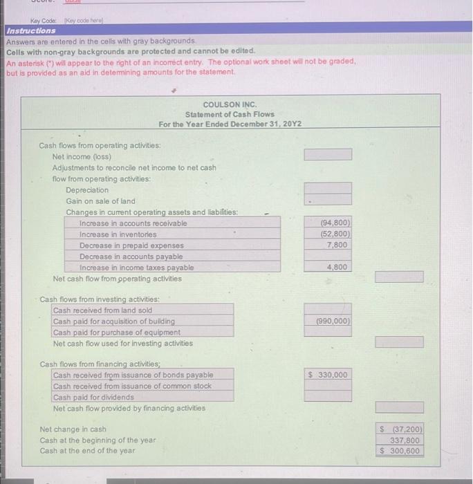Key Code: Key code here Instructions Answers are entered in the cells