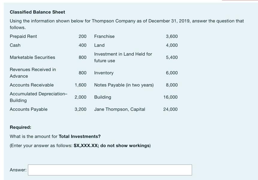 Classified Balance Sheet Using the information shown below for Thompson Company as