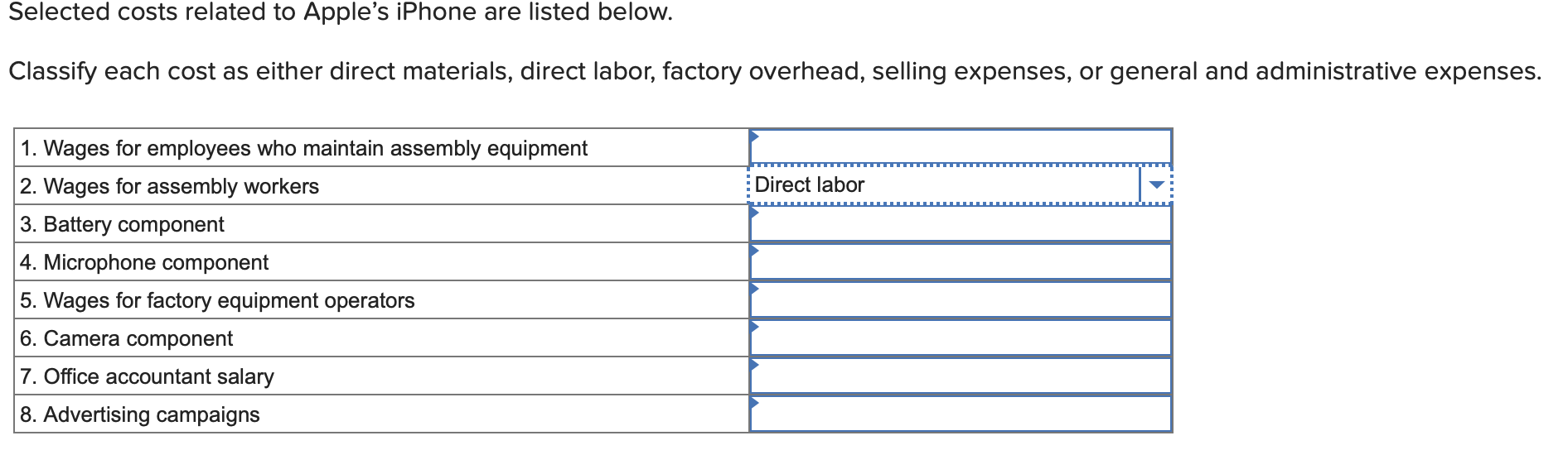 Selected costs related to Apple's iPhone are listed below. Classify each cost