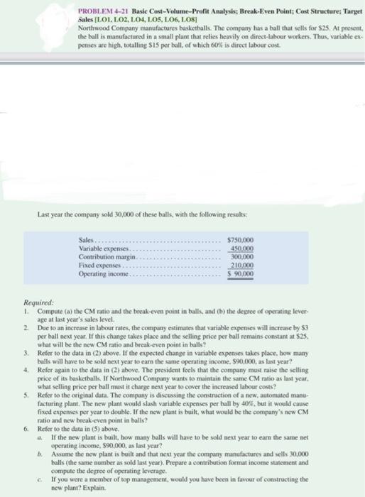 PROBLEM 4-21 Basic Cost-Volume-Profit Analysis; Break-Even Point; Cost Structure; Target Sales [LO1.
