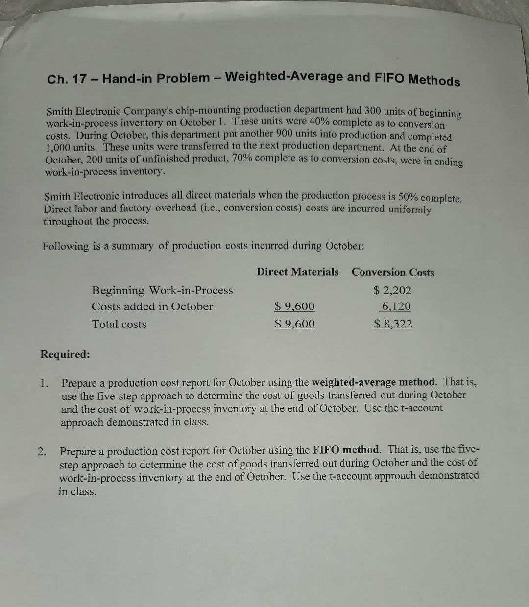 Ch. 17 - Hand-in Problem - Weighted-Average and FIFO Methods Smith Electronic