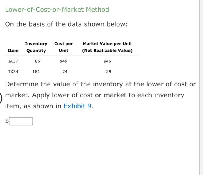Lower-of-Cost-or-Market Method On the basis of the data shown below: Inventory Cost