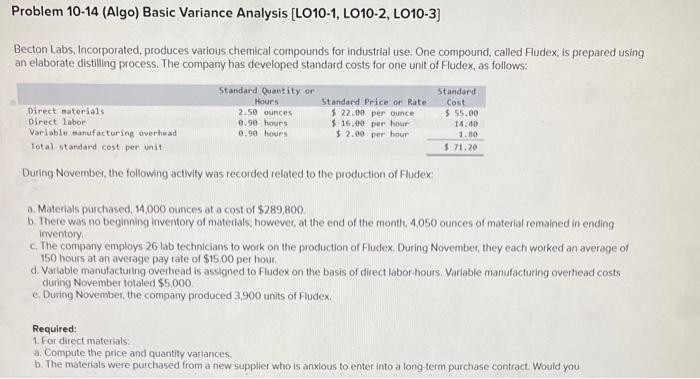 Problem 10-14 (Algo) Basic Variance Analysis [LO10-1, LO10-2, LO10-3] Becton Labs, Incorporated,