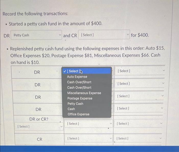 20 pts Replenished petty cash fund using the following expenses in this