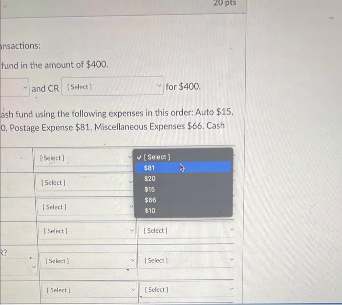 order: Auto $15, Office Expenses $20, Postage Expense $81, Miscellaneous Expenses $66.