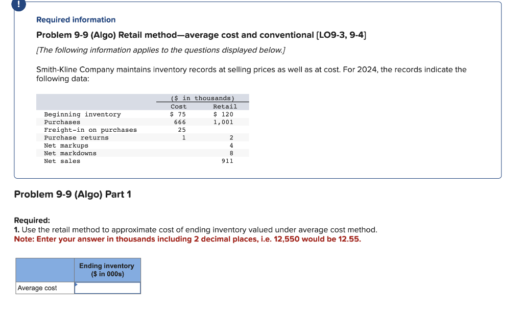 Required information Problem 9-9 (Algo) Retail method-average cost and conventional [LO9-3, 9-4]