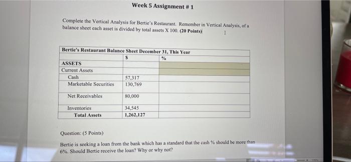 Week 5 Assignment #1 Complete the Vertical Analysis for Bertie's Restaurant. Remember