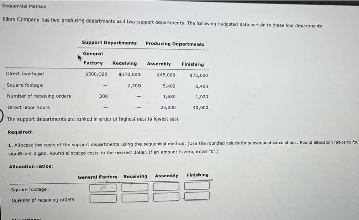 Sequential Method Eilers Company has two producing departments and two support departments.
