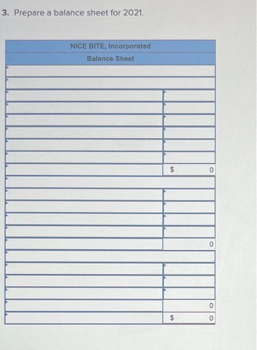 3. Prepare a balance sheet for 2021. NICE BITE, Incorporated Balance Sheet