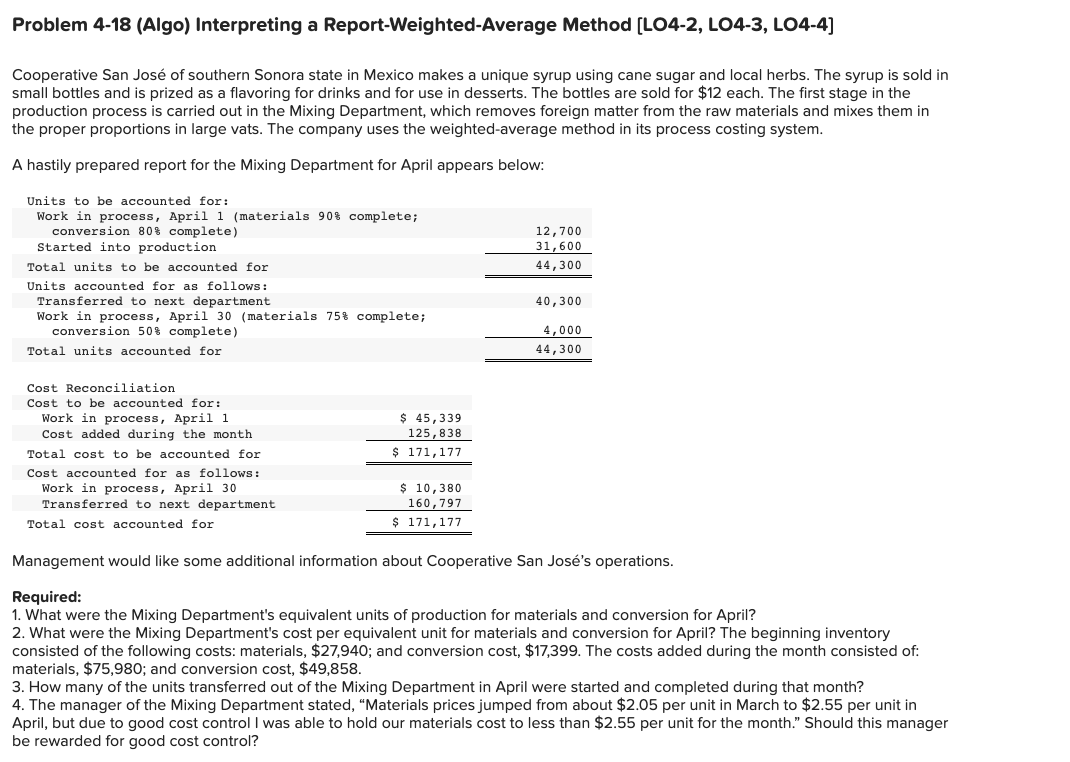 Problem 4-18 (Algo) Interpreting a Report-Weighted-Average Method [LO4-2, LO4-3, LO4-4] Cooperative San
