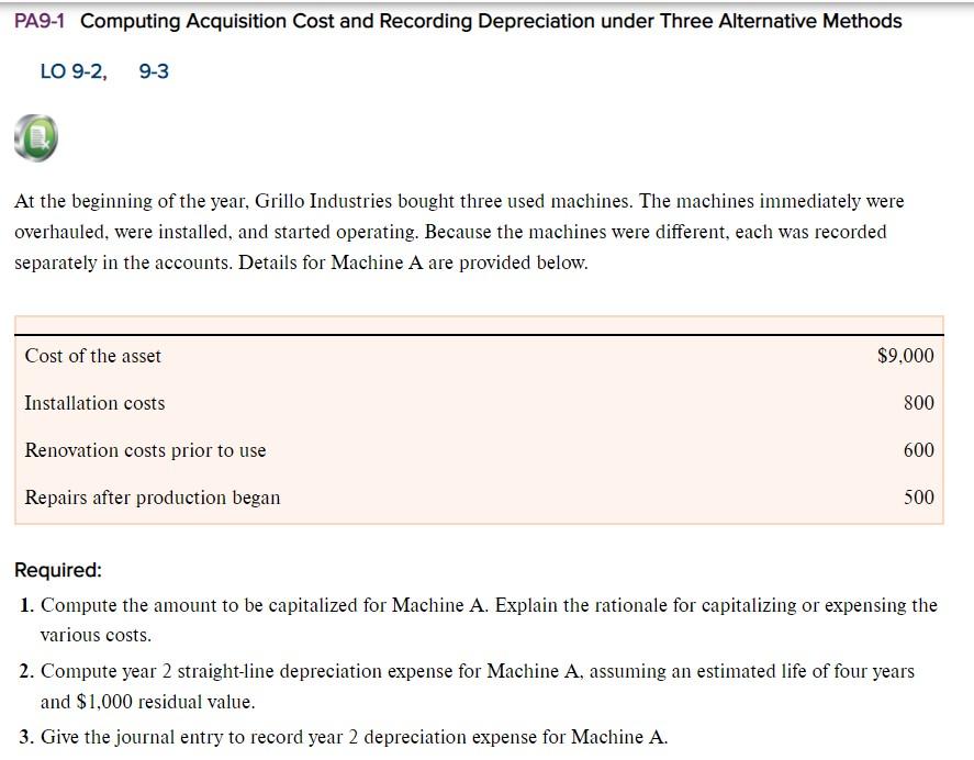 PA9-1 Computing Acquisition Cost and Recording Depreciation under Three Alternative Methods LO