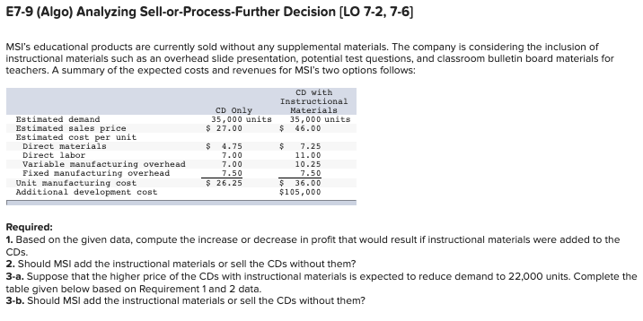 E7-9 (Algo) Analyzing Sell-or-Process-Further Decision [LO 7-2, 7-6] MSI's educational products are