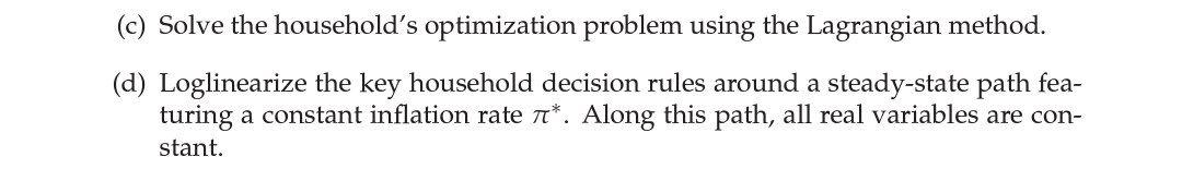 (c) Solve the household's optimization problem using the Lagrangian method. (d) Loglinearize