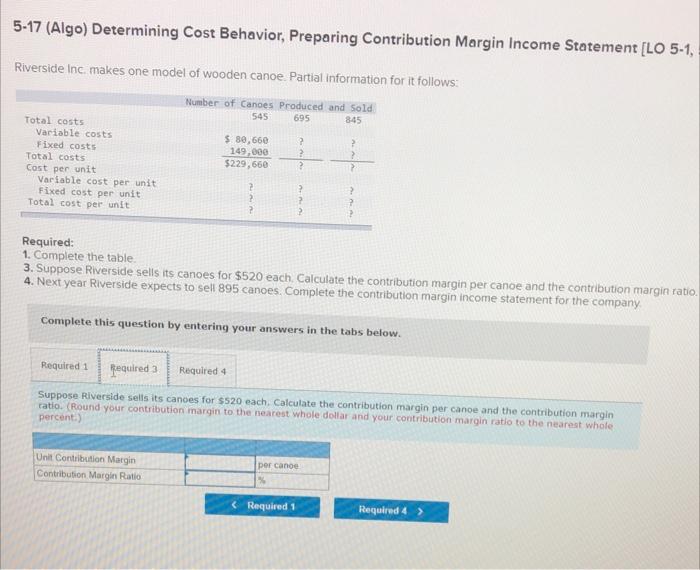 5-5] Riverside Inc. makes one model of wooden canoe. Partial information for