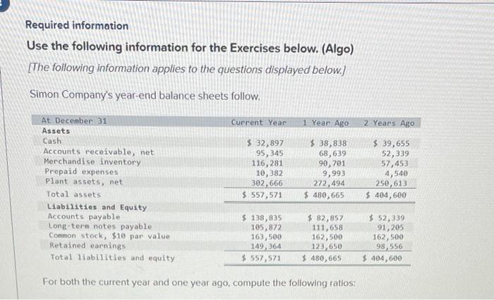 Required information Use the following information for the Exercises below. (Algo) [The