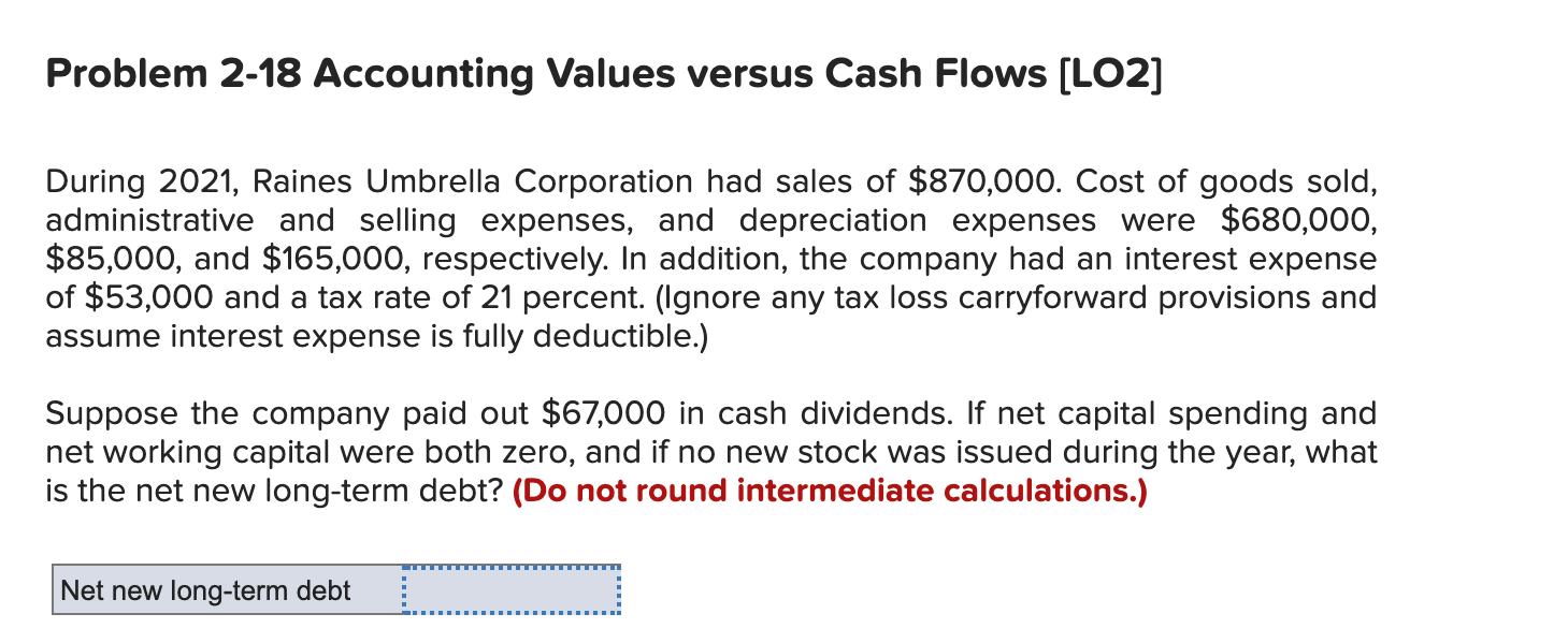 Problem 2-18 Accounting Values versus Cash Flows [LO2] During 2021, Raines Umbrella