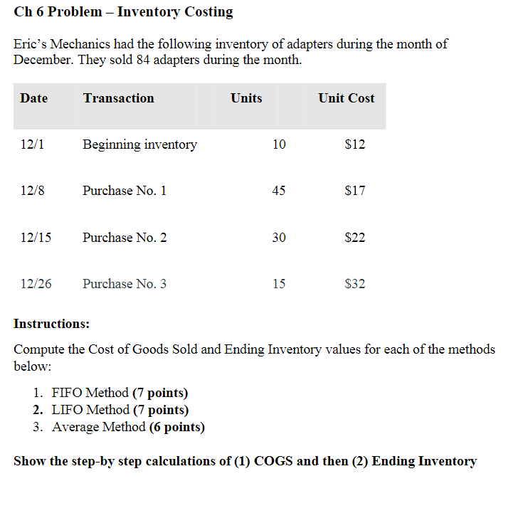 Ch 6 Problem - Inventory Costing Eric's Mechanics had the following inventory